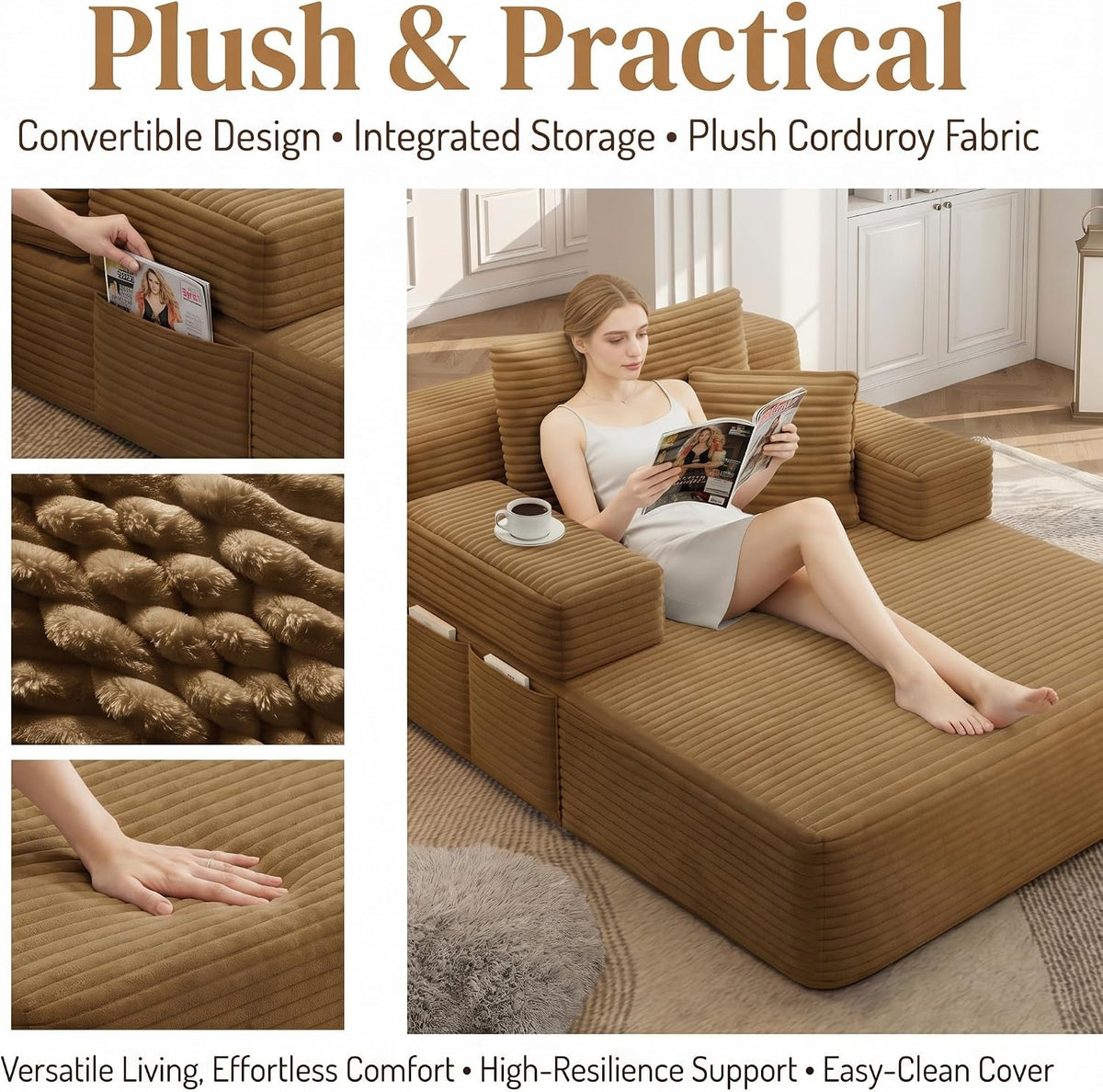 61 inch Floor Chaise Lounge Chair Indoor, Oversized Corduroy Lounge, Deep Seat Sofa Bed for Living Room, Comfy Reading Nook Chair for Small Spaces, No Assembly Required, Camel