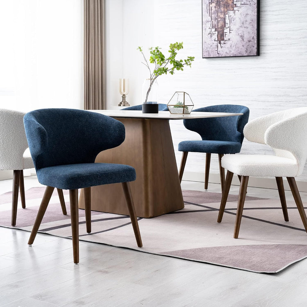 HNY Mid Century Modern Dining Chairs Set of 4, Upholstered Curved Wingback Accent Arm Chairs, Linen Side Chairs with Solid Wood Legs, Navy Blue