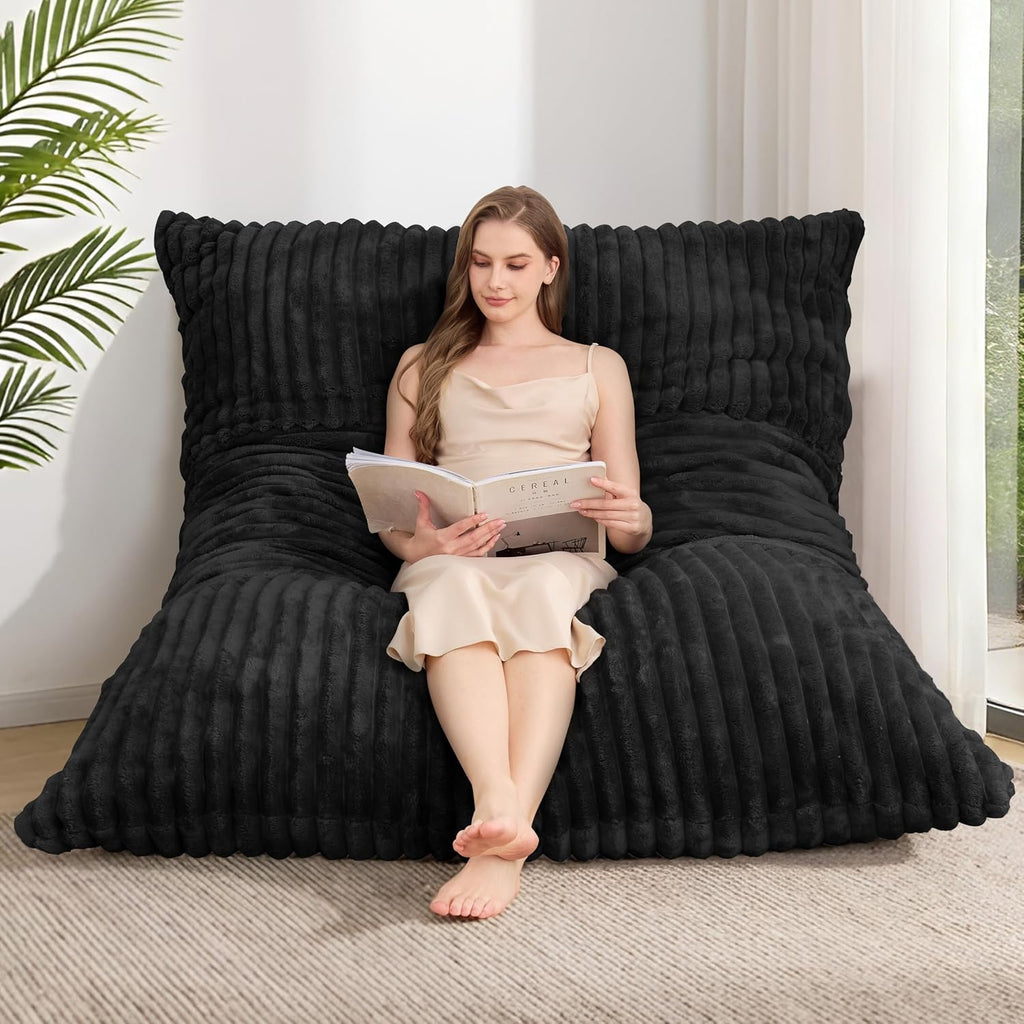 3 in 1 Bean Bag Chair with Memory Foam Filling, Beanbag for Adult 6 Colors, Machine Washable Flannel Cover, Soft Cozy for Bedroom, Living Room, Covered Outdoor Spaces Black