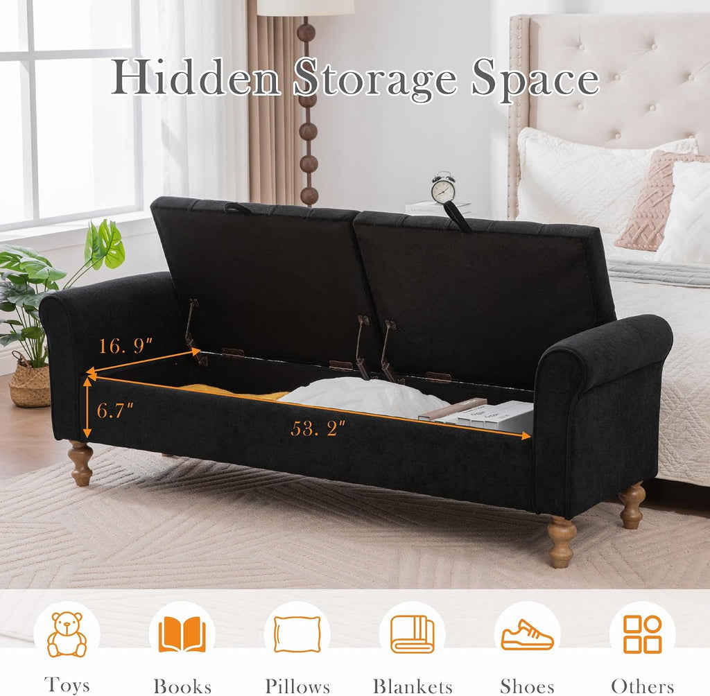 Aoiy & Wifon 65.75" W Large Storage Ottoman Bench, Modern King Size End of Bed Storage Bench with Wood Legs, Upholstered Window Bench for Bedroom, Living Room, Entryway, Black