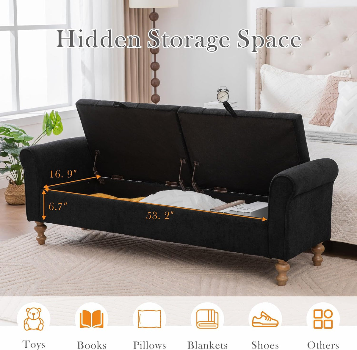 Aoiy & Wifon 65.75" W Large Storage Ottoman Bench, Modern King Size End of Bed Storage Bench with Wood Legs, Upholstered Window Bench for Bedroom, Living Room, Entryway, Black