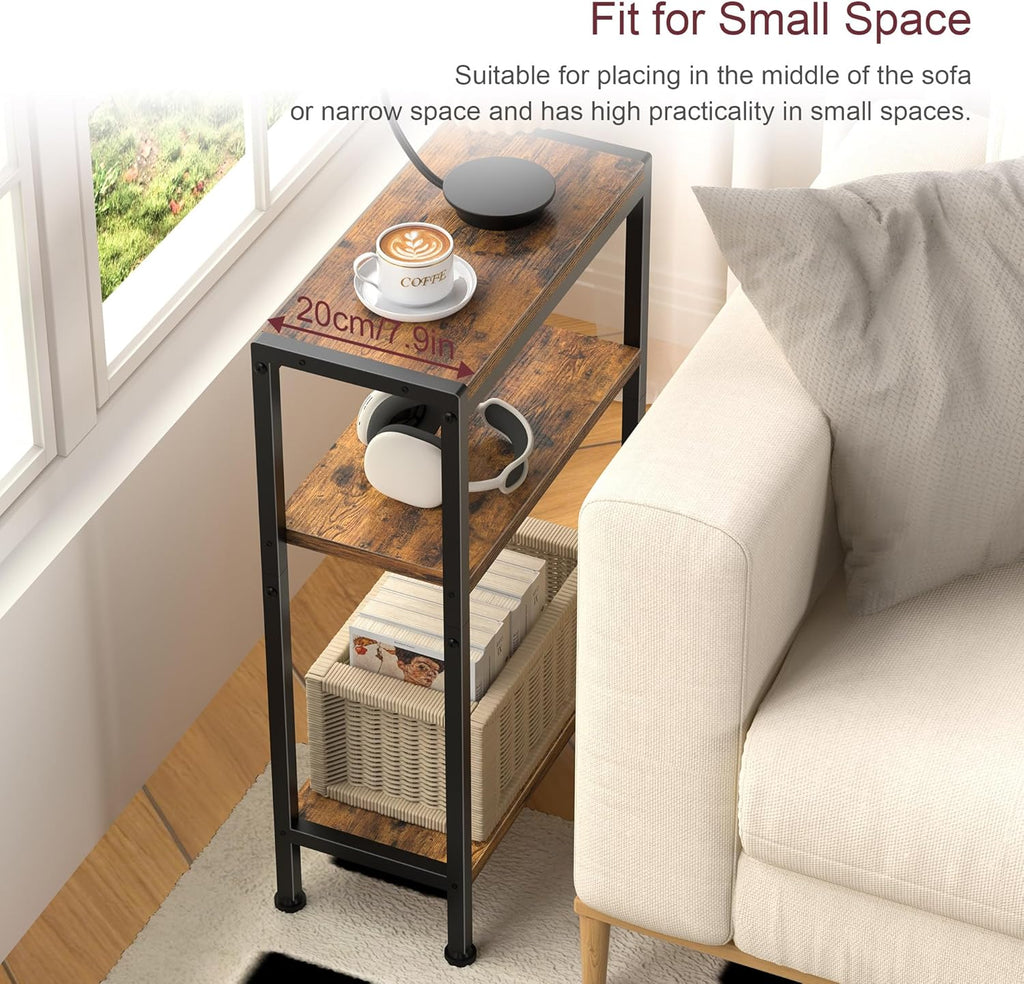 Narrow Side Table for Small Space, 3 Tier Slim End Table, Thin Nightstand, Skinny Snack Couch Table, Sofa Bedside Table in Living Room, Bedroom, Study, Kitchen and Balcony (Rustic Brown)