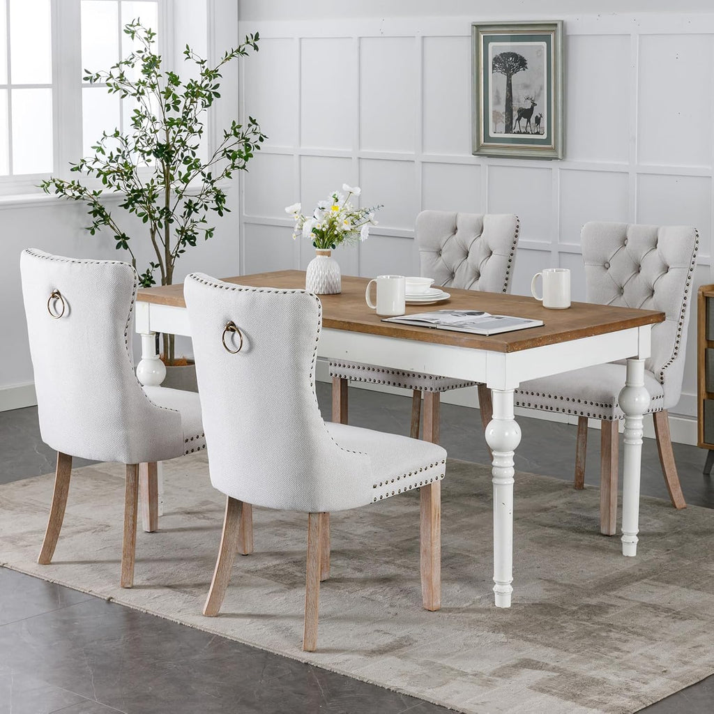 OVENTA Modern Tufted Upholstered Dining Chairs Set of 6, Beige Linen Dining Room Chair with Solid Wood Legs, Sillas de Comedor, Kitchen Chairs (Beige, Linen Set of 6)
