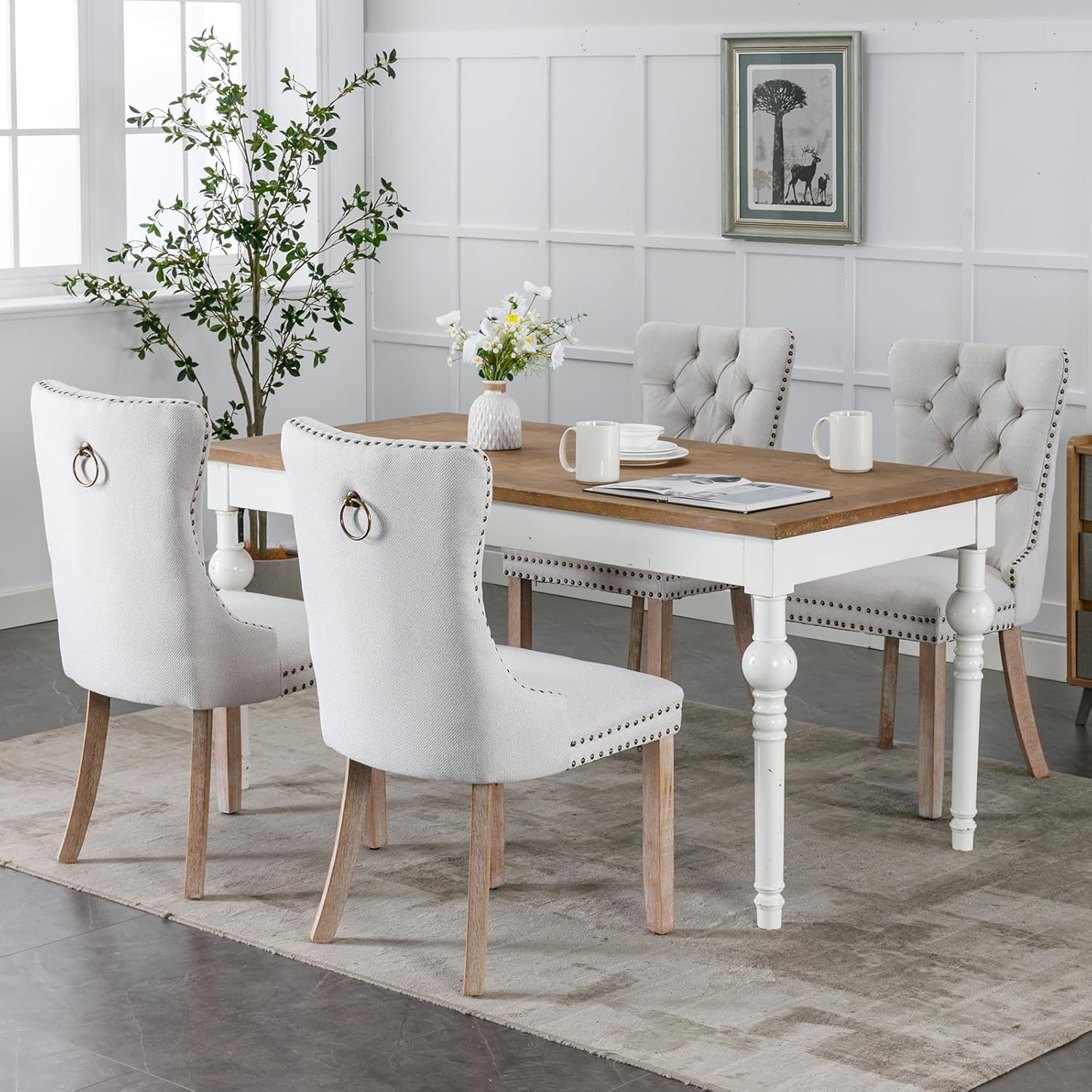 OVENTA Modern Tufted Upholstered Dining Chairs Set of 6, Beige Linen Dining Room Chair with Solid Wood Legs, Sillas de Comedor, Kitchen Chairs (Beige, Linen Set of 6)