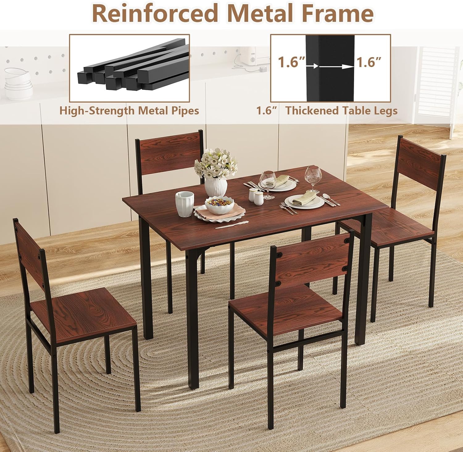 GOFLAME 5-Piece Dining Table Set, Industrial Kitchen Table and Chairs for 4 with Backrest and Metal Frame, Rectangular Space-Saving Dinette Set for Dining Room, Apartment, Small Space, Walnut