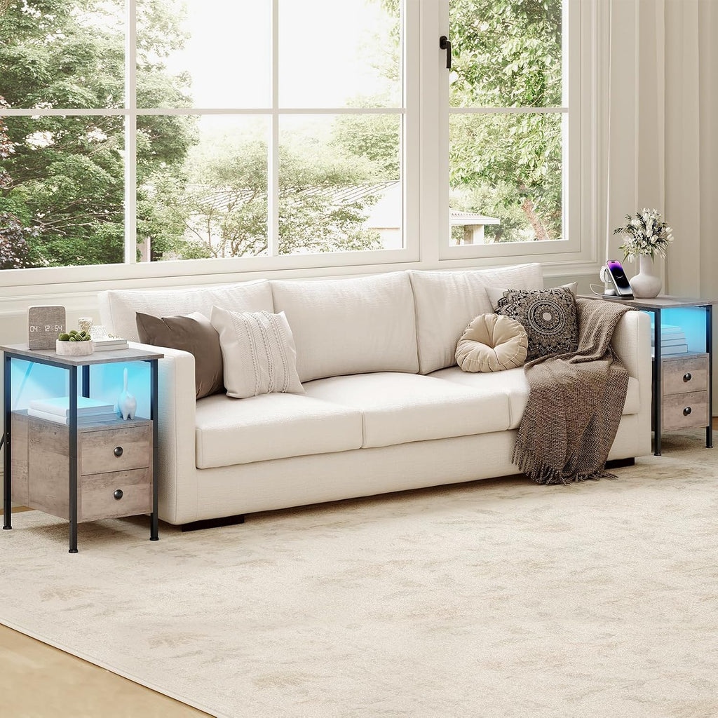 HOOBRO End Table with Charging Station & Led Light, Flip-Top Narrow Side Table with 2 Drawers, Nightstand for Small Spaces, Bedroom, Living Room, Stable and Sturdy, Greige and Black BG436UDBZ01