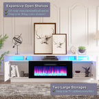 AMERLIFE 70" High-Gloss Fireplace TV Stand with 36" Electric Fireplace | White/Black LED TV Console, Modern Living Room Entertainment Center, Fits TVs up to 80", 2 Cabinets, 2-Tier Storage Space