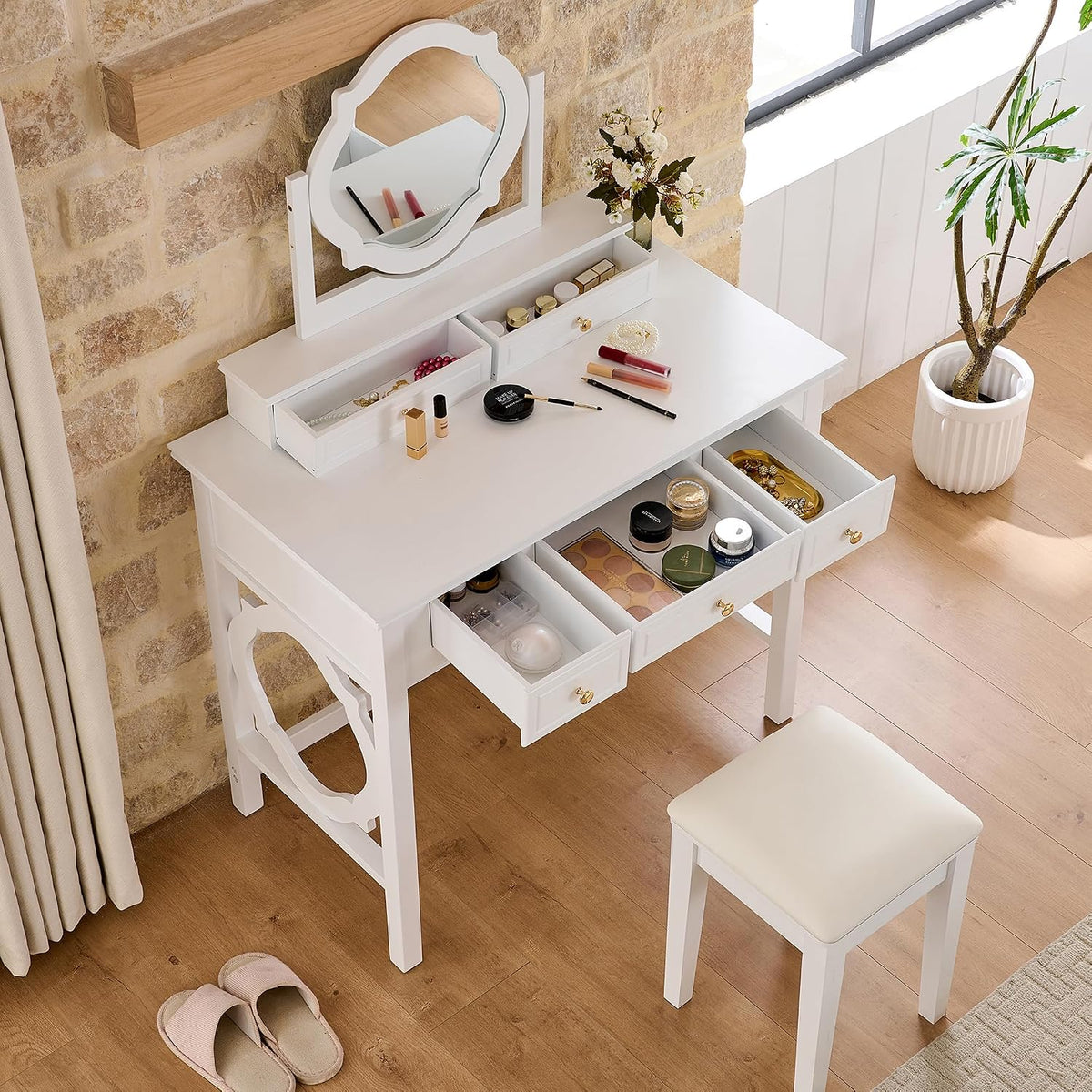 GOWE Vanity Table Set White Modern Contemporary Comfortable Upholstered for Living R...