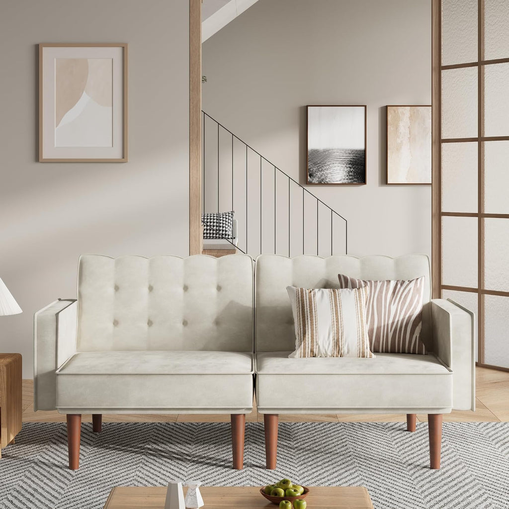 Furnify 71" Velvet Futon Sofa Bed, Versatile Loveseat Couch, Sleeper Sofa with Adjustable Backrest, Mid Century Modern Futon Couch for Small Space, Living Room, Office & Apartment, Velvet Fabric Beige