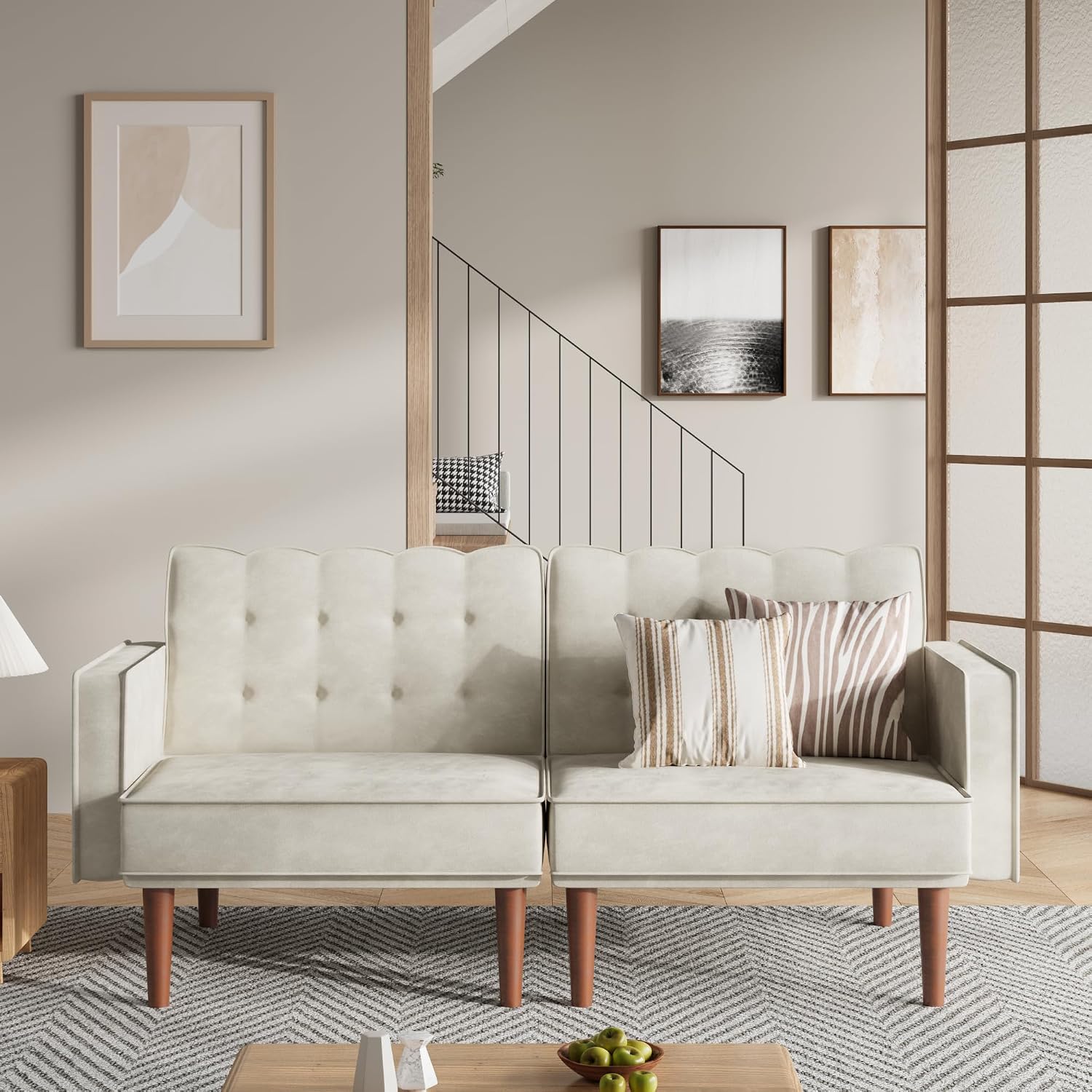 Furnify 71" Velvet Futon Sofa Bed, Versatile Loveseat Couch, Sleeper Sofa with Adjustable Backrest, Mid Century Modern Futon Couch for Small Space, Living Room, Office & Apartment, Velvet Fabric Beige