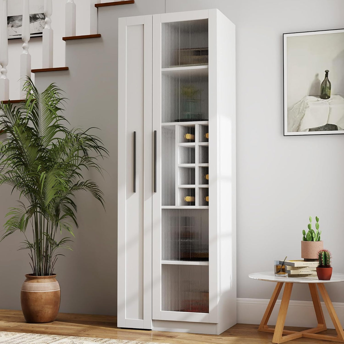 Kitchen Pantry Cabinet with Pull-Out Multi-Tier Storage Shelf, Farmhouse Storage Cabinet with Glass Doors, Tall Pantry Organizer for Kitchen, Dining Room & Living Room White