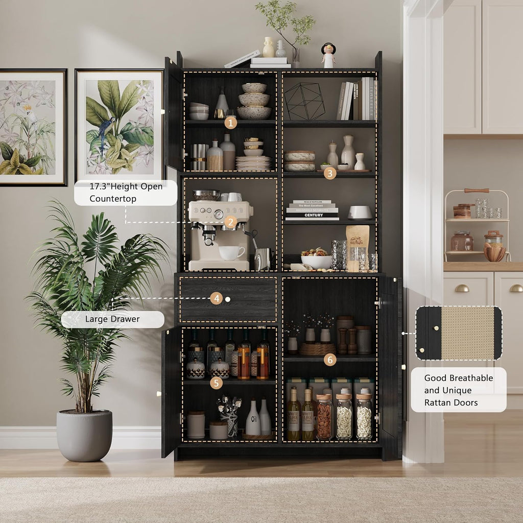 IDEALHOUSE Kitchen Pantry Cabinet with Adjustable Shelf, 71" Tall Storage Cabinet with Microwave Stand, Food Pantry Cabinets for Kitchen, Dining Room, Living Room, Black
