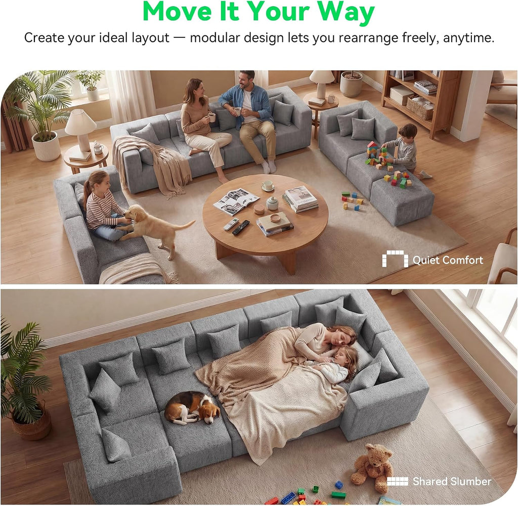 MONVANE Oversized Sectional Couch 10-Seat, Chenille, Light Gray | Sectional Couch for Living Room, Modular Cloud Sofa with Ottoman & 10 Throw Pillows, No Assembly Required