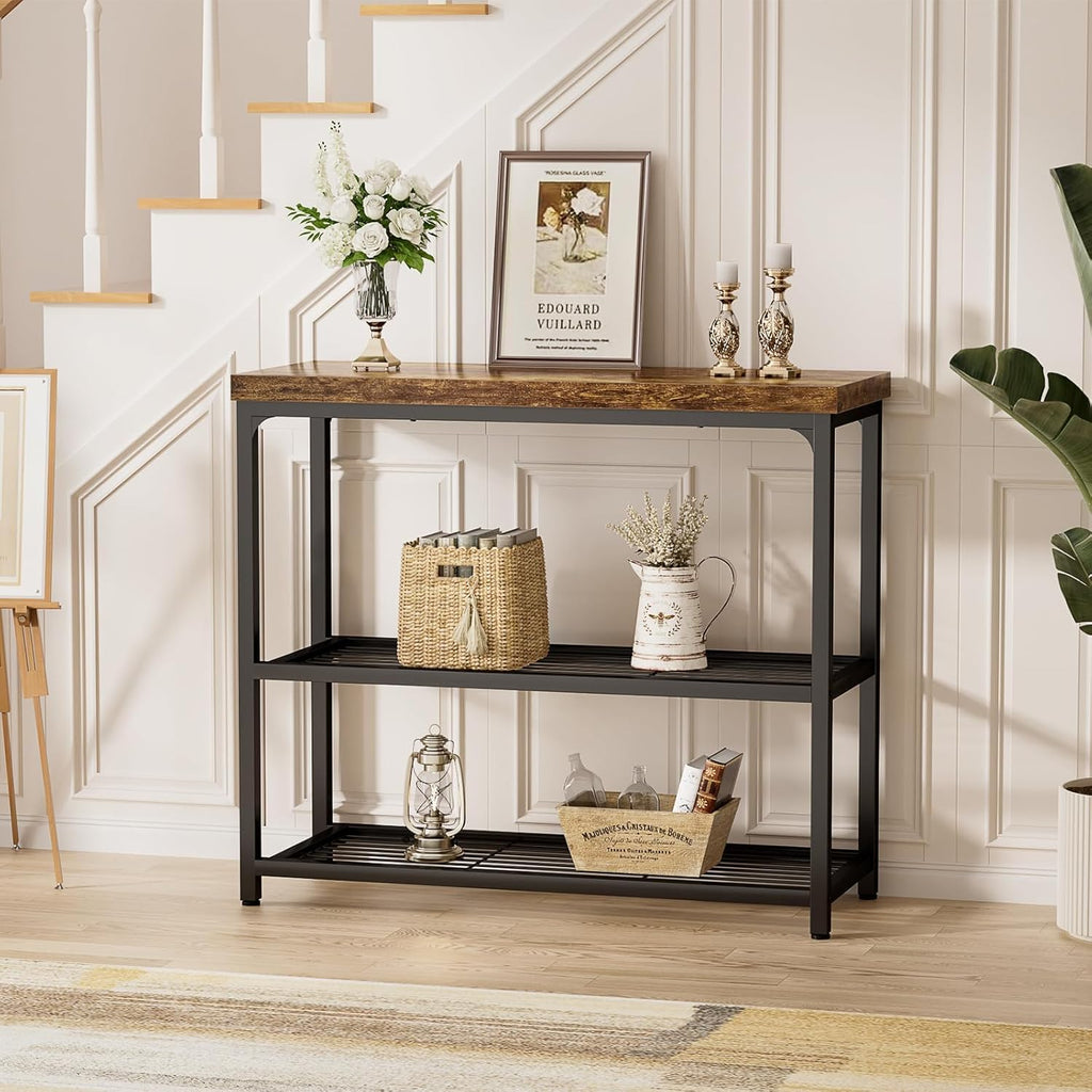 Besiost 32" Industrial Console Table with 3-Tier Storage, Oak Grey | Small Entryway Table with Mesh Shelves, Sofa Table Behind Couch for Hallway, Foyer, Living Room, Sturdy Metal Frame