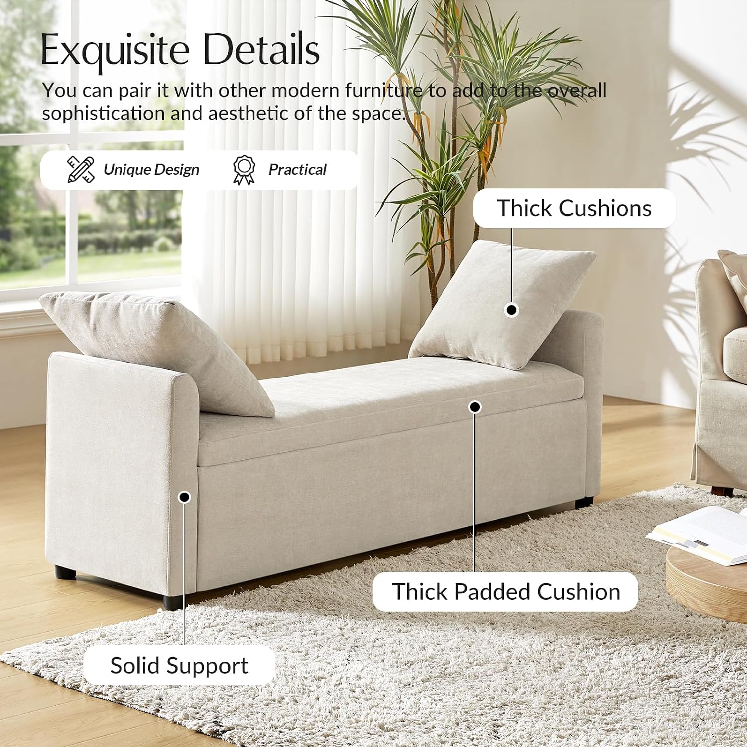 59.5" Modern Storage Ottoman Bedroom Bench, End of Bed Bench with Arms and Throw Pillows, Footrest Stool for Living Room, Dining Room, Entryway and Hallway, Linen