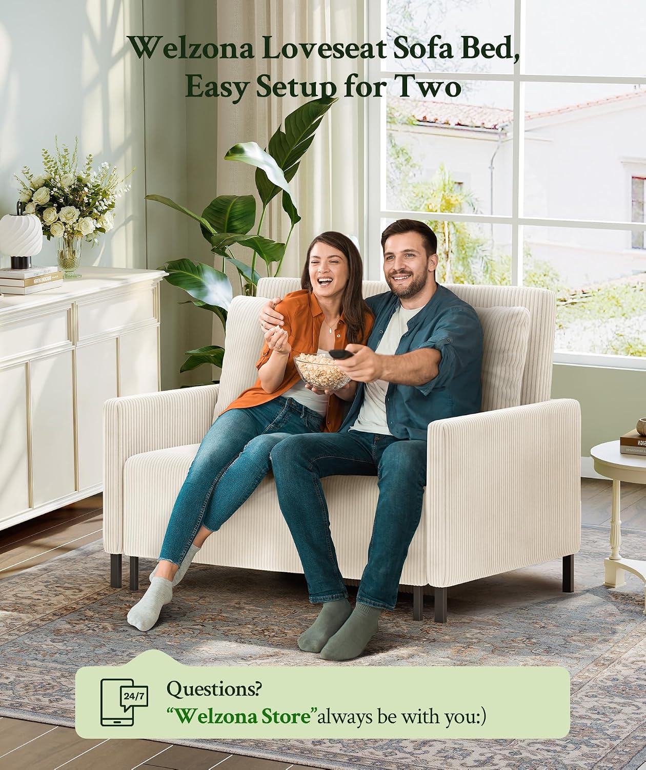 Welzona Loveseat Sleeper Sofa 47", Convertible Sofa Bed, Corduroy Love seat | 620lbs Capacity Love Seat Sleeper Bed, Easy Setup Small Couch Bed 2 Pillow, Small Couches for Living Room/Office, Ivory White