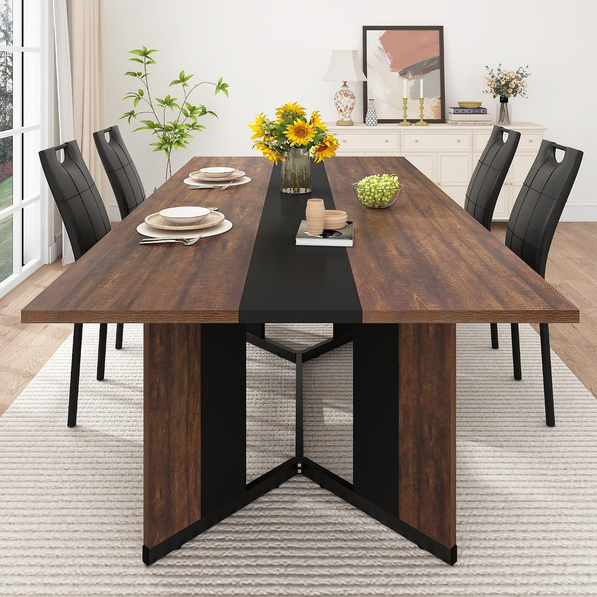 7-Piece Dining Table Set with 6 Cushion Chairs for 4 6 People, 71" Large Long Wooden Kitchen Table Sets W/Waterproof Tabletop, Farmhouse Rectangular Dinner Table for Dining Room,Kitchen(Brown)