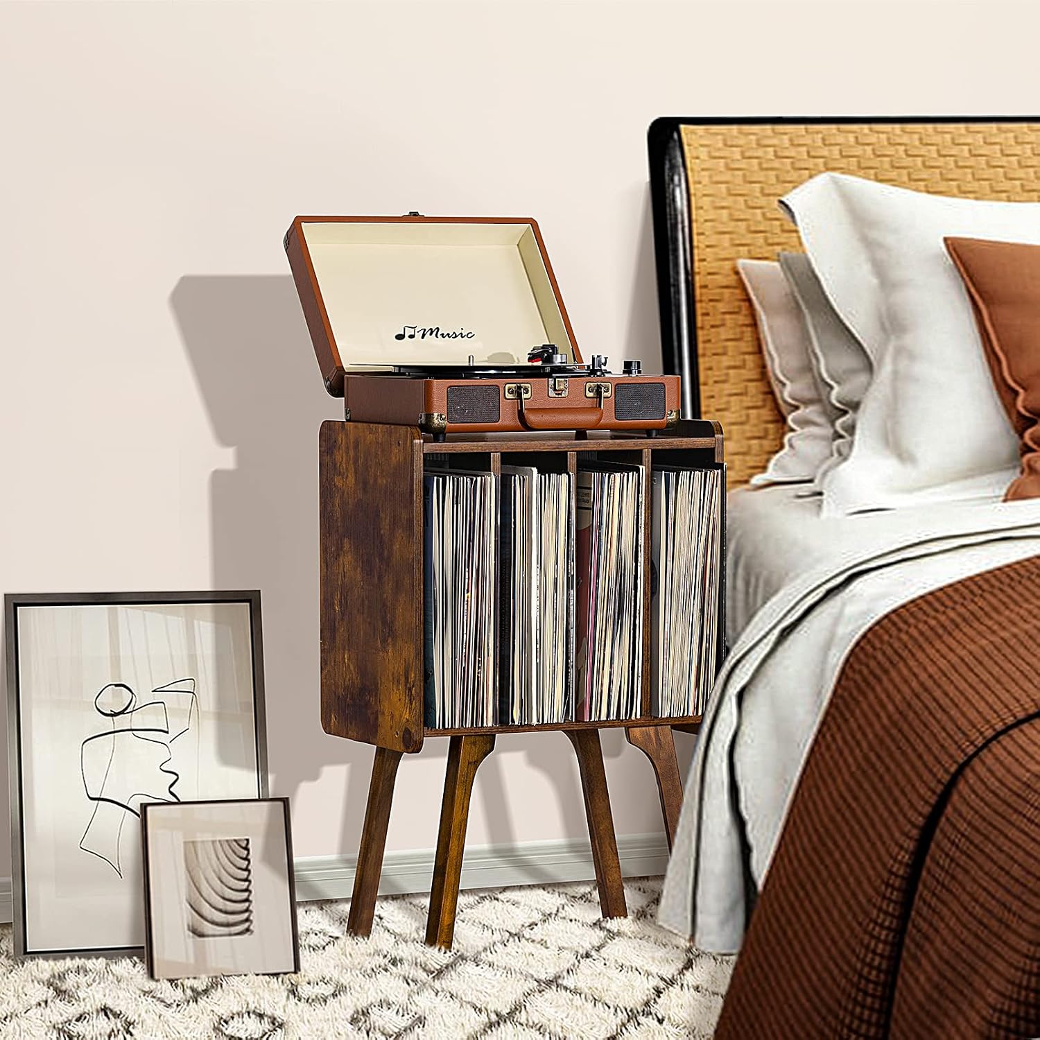 LELELINKY Small Record Player Stand, 4 Cabinet Vinyl Storage Table, Brown | Width 11.7 In, Up to 80 Albums, Vinyl Holder with Wood Legs, Turntable Stand Display Shelf for Bedroom and Living Room