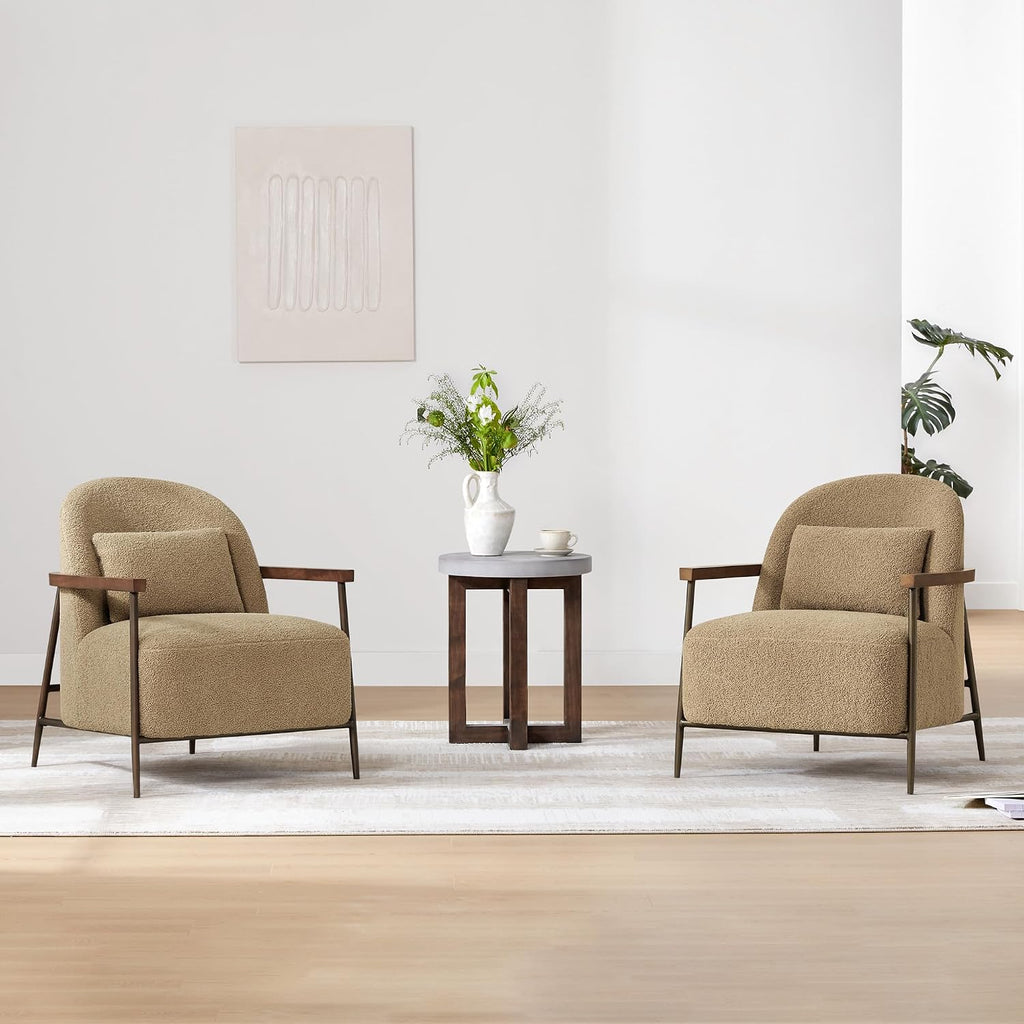 CHITA Accent Chair Set of 2, Sherpa Armchair with Wooden Armrest, Camel | Metal Frame, FSC Certified Living Room Chair for Bedroom, Office, Premium Resilient Foam, 31.9"x27.2"x32.1", 350 Lbs Capacity