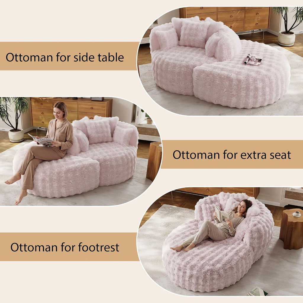 55" W x 75" D Oversized Chaise Lounge Chair Indoor with Ottoman,Pink | 38D Sponge,Round Reading Chair Luxury Plush Cloud Circle Sleeper for Living Room Bedroom, 5 Pillows,Faux Fur