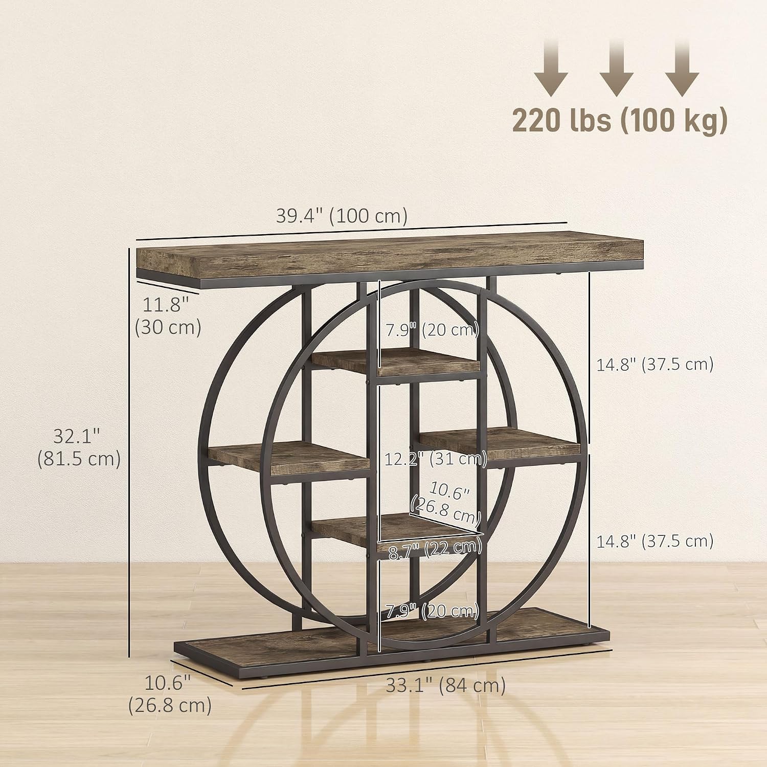 HOMCOM Entryway Table, 39.4" Console Sofa Table with Storage Shelves and Circle Steel Frame, Narrow Wood Accent Tables for Entrance, Hallway, Foyer, Living Room, Rustic Oak