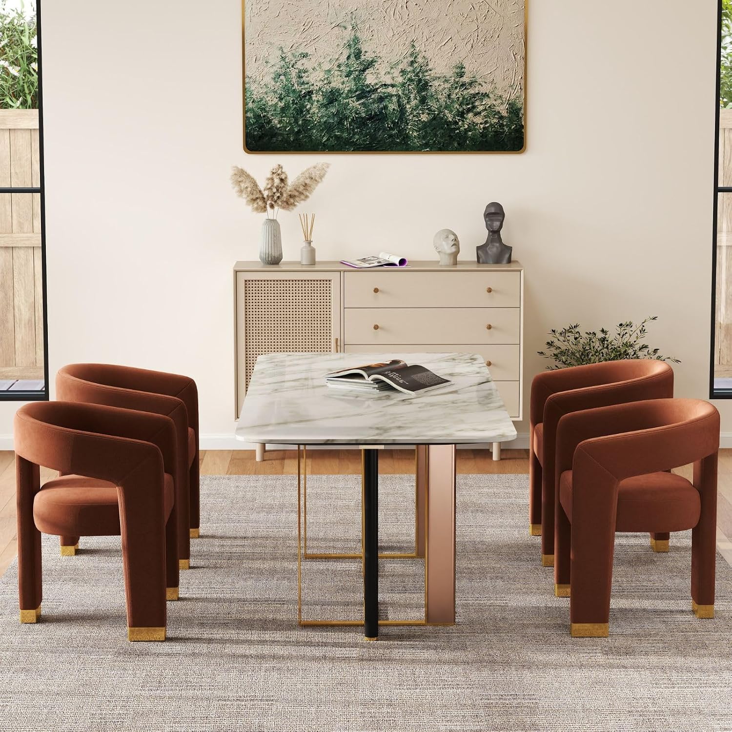 Hyfirm Barrel Dining Chairs Set of 4, Velvet Upholstered Armchairs with Open-Back, Solid Wood Frame, Gold Metal-Trimmed Legs, Pre-Assembled Side Chairs for Kitchen/Dining Room/Living Room, Orange