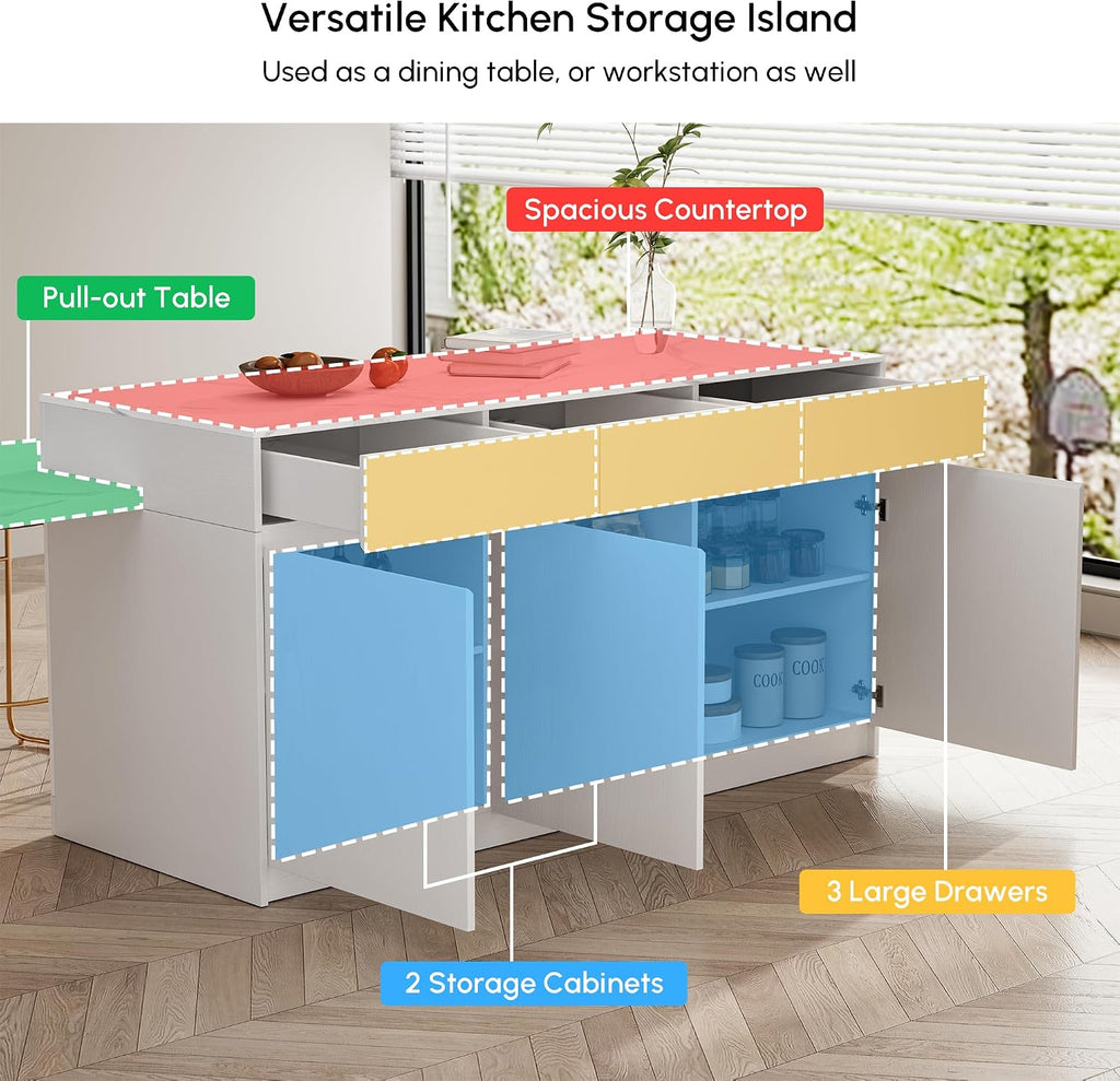 homary Extendable Kitchen Island with Storage 81"-106", White, Wood Top, Stationary Large Kitchen Cabinet with 3 Drawers, Adjustable Shelves & Pull-Out Kitchen Tables for Dining Room