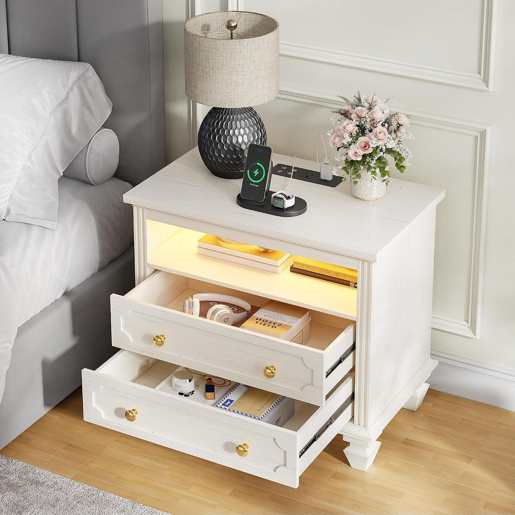 FREDEES 28'' Large Night Stand with Charging Station & LED Light | Bedside Table w/ Outlet, 3-Color Lights, Solid Wood Legs, End Tables Bedroom Livingroom, Farmhouse Natural Wood
