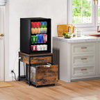 CHOEZON Mini Fridge Stand with Power Outlet, Large Side Table with 2AC and 2 USB Ports, Mobile Beverage Cart with Fabric Drawer for Dorm, Kitchen, Living Room, Rustic Brown and Black TBZ56UBF