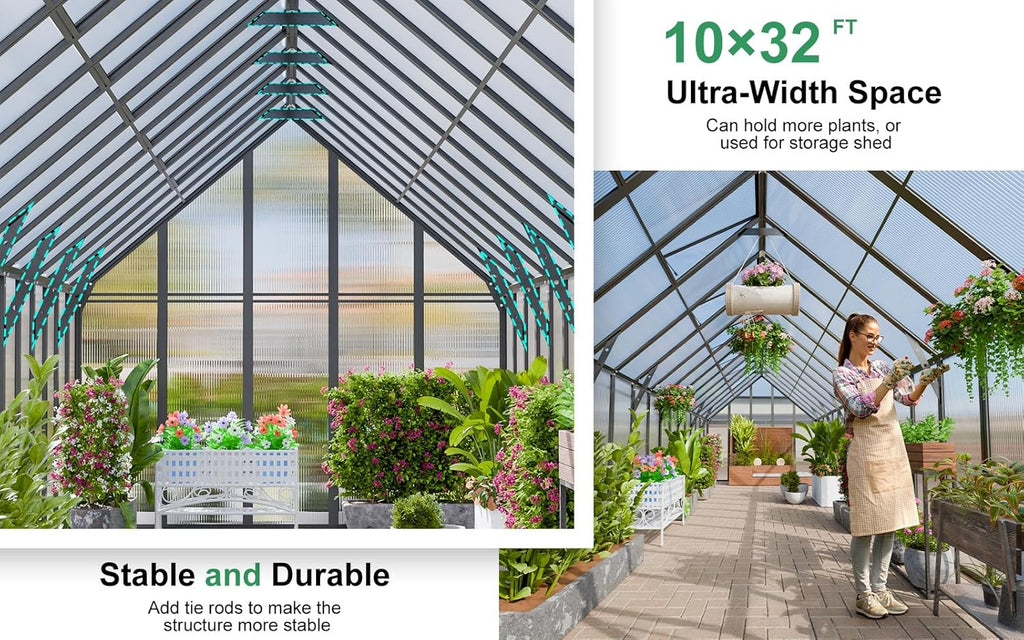 CDCASA 32x10x10 FT Greenhouse for Outdoors, Easy Assembly Large Thicker Aluminum Heavy Duty Polycarbonate Greenhouses Kit w/7 Windows, Outside Sunroom Walk-in Green House for Patio,Backyard