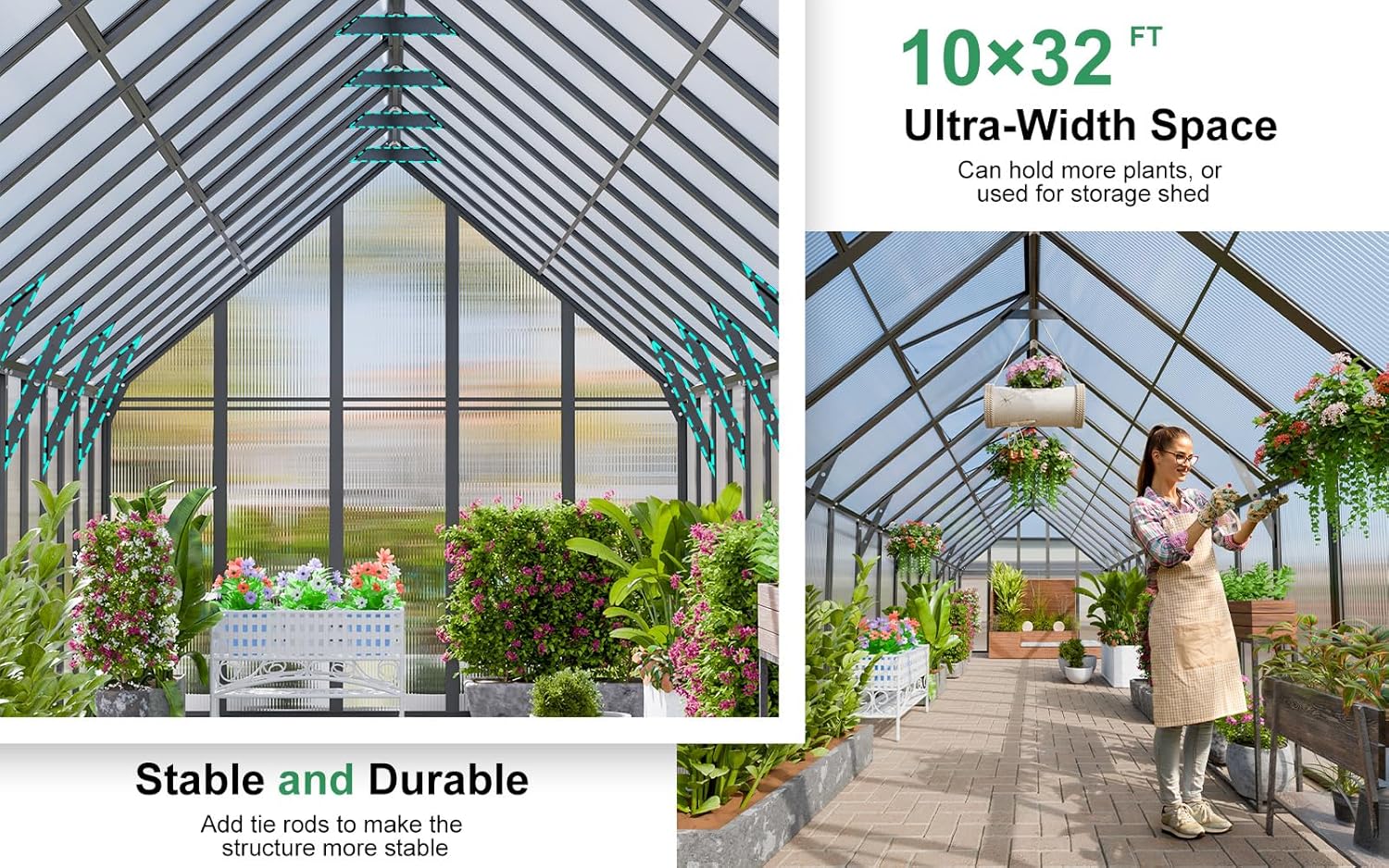 CDCASA 32x10x10 FT Greenhouse for Outdoors, Easy Assembly Large Thicker Aluminum Heavy Duty Polycarbonate Greenhouses Kit w/7 Windows, Outside Sunroom Walk-in Green House for Patio,Backyard