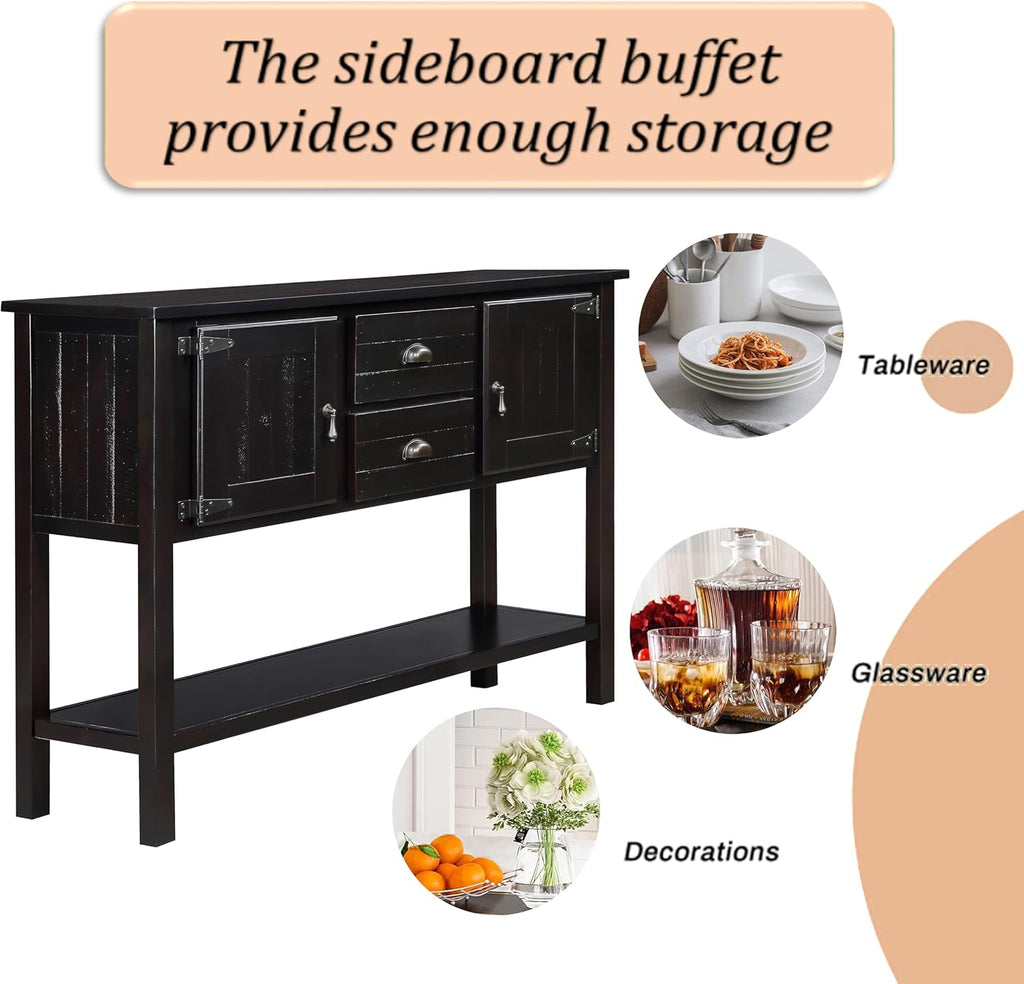 Knocbel Vintage Console Table with 2 Drawers, 2 Storage Cabinets and Bottom Open Shelf, Entryway Hallway Sofa Table Dining Room Buffet Sideboard, 48" W x 14" D x 34" H (Espresso)