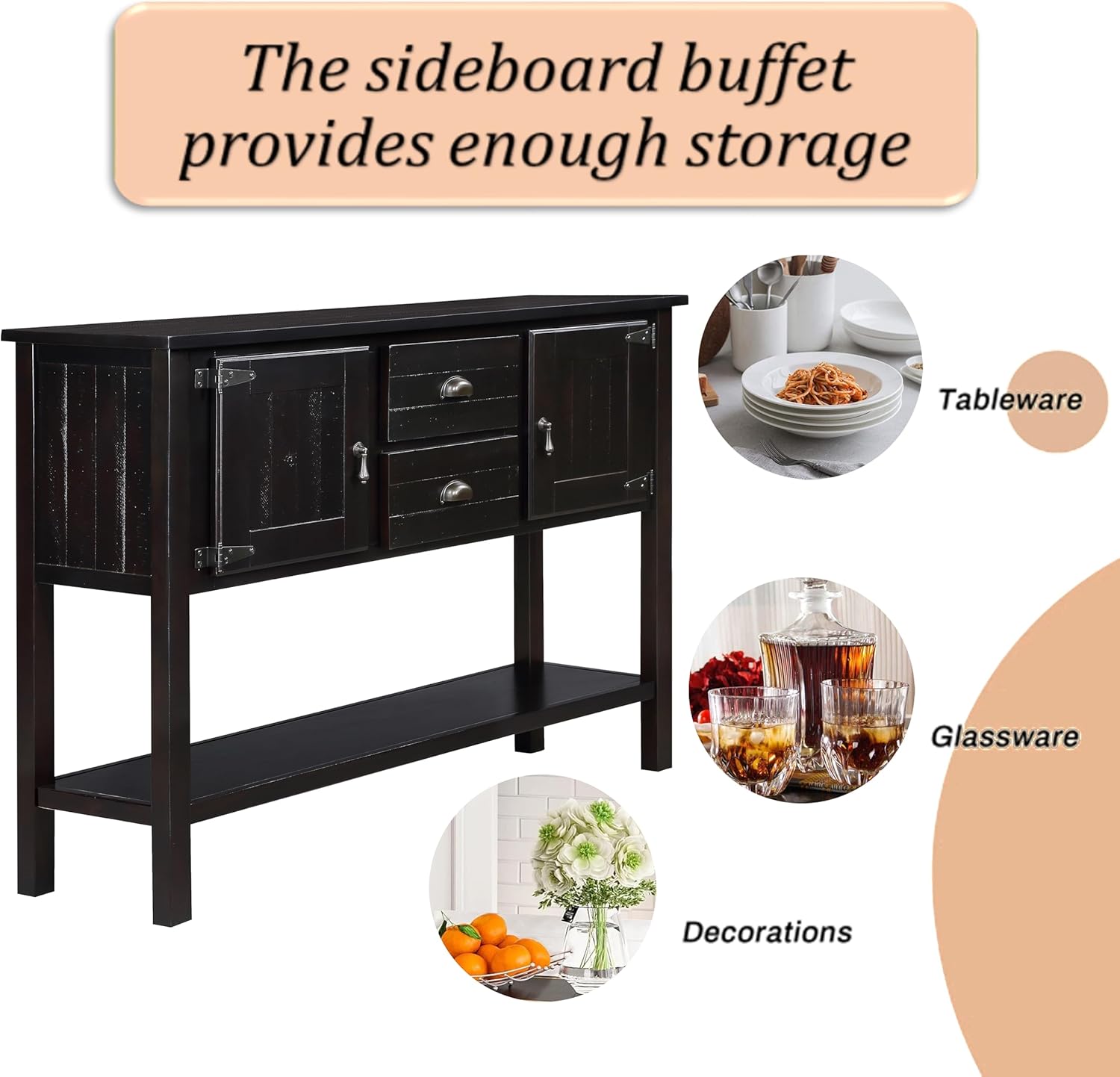 Knocbel Vintage Console Table with 2 Drawers, 2 Storage Cabinets and Bottom Open Shelf, Entryway Hallway Sofa Table Dining Room Buffet Sideboard, 48" W x 14" D x 34" H (Espresso)