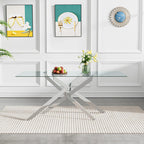 61" Rectangle Glass Dining Table for 4-6, Luxury Kitchen Table with Tempered Glass Top and Silver Metal Cross Legs, Modern Glass Dinner Table for Kitchen Dining Room Small Apartment