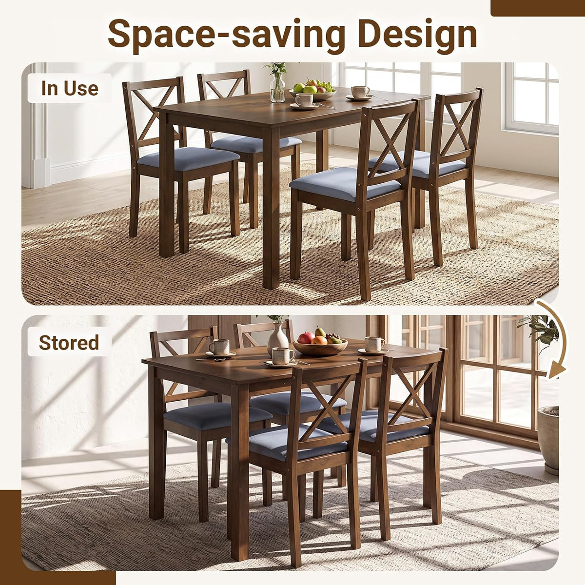 Giantex Dining Table Set for 4, Wood Kitchen Table with Upholstered Chairs | Farmhouse Space-Saving Dinette Set with X-Shaped Backrest for Small Space, Breakfast Nook, Dining Room