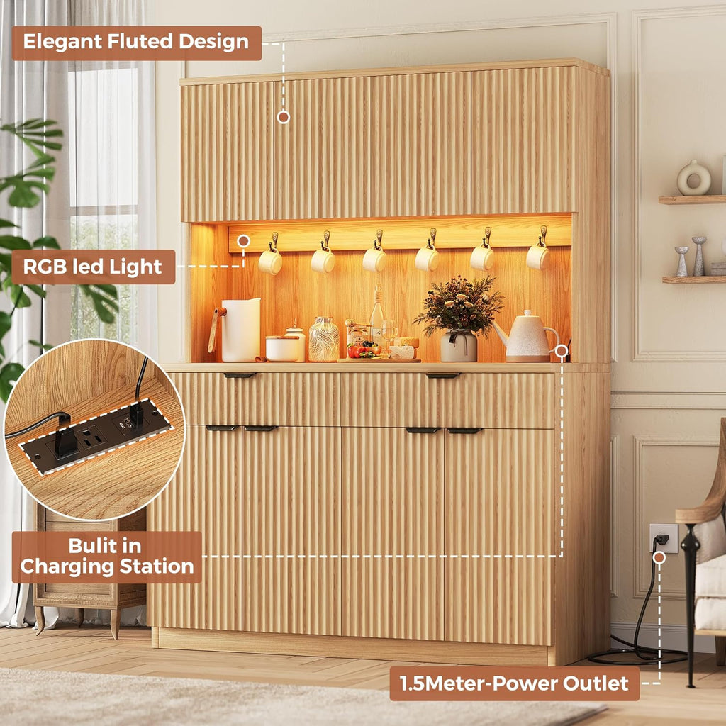 Jocoevol Fluted Kitchen Pantry Storage Cabinet with Charging Station/LED Light/Doors/Shelves, 71'' Tall Kitchen Food Hutch with Microwave Stand for Dining Room Living Room (Natural, 47 * 15.7 * 71)