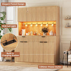 Jocoevol Fluted Kitchen Pantry Storage Cabinet with Charging Station/LED Light/Doors/Shelves, 71'' Tall Kitchen Food Hutch with Microwave Stand for Dining Room Living Room (Natural, 47 * 15.7 * 71)