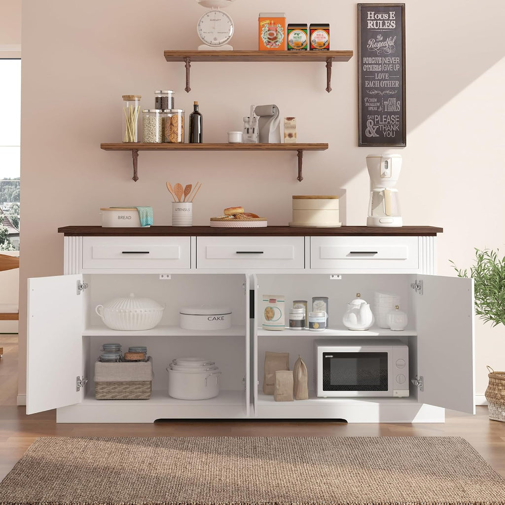 Modern Freestanding Storage Cabinet with Drawers Shelves and Countertop, Buffet Sideboard for Kitchen Living Room Entryway Office Coffee Bar (White-3 Drawer)