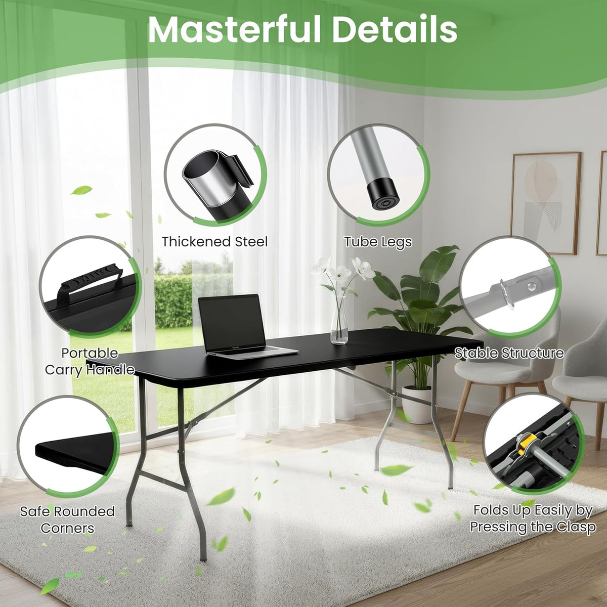 Folding Dining Table Set, 6FT Foldable Plastic Table with Carrying Handle & 6 PU Leather Padded Folding Chairs, Portable Table and Chairs Set for Indoor Outdoor Party Wedding Picnic Event