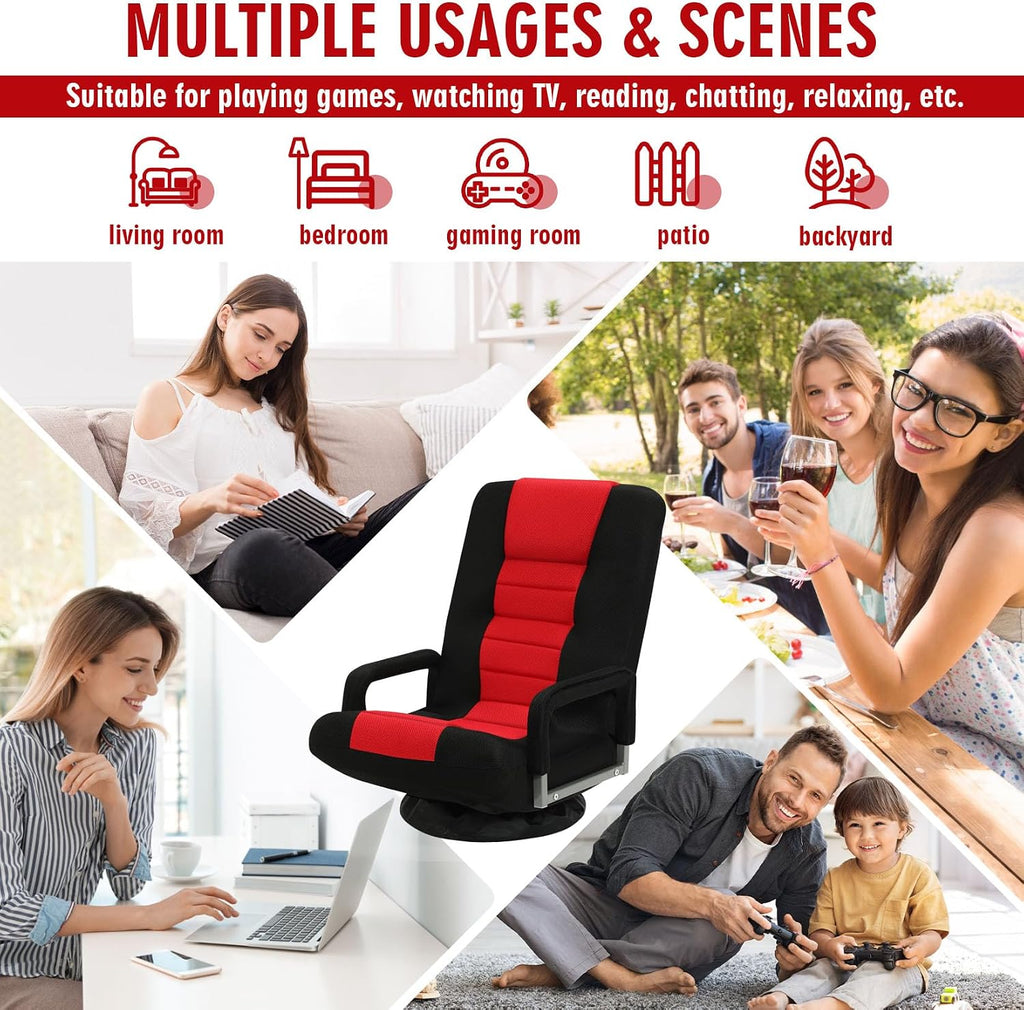 Swivel Floor Gaming Chair w/Armrests,Folding Video Reclining Sofa w/6 Adjustable Position, Padded Backrest & Cushion, Lazy Lounger Couch for E-Sports, Reading, Relaxing, Watching TV, Red