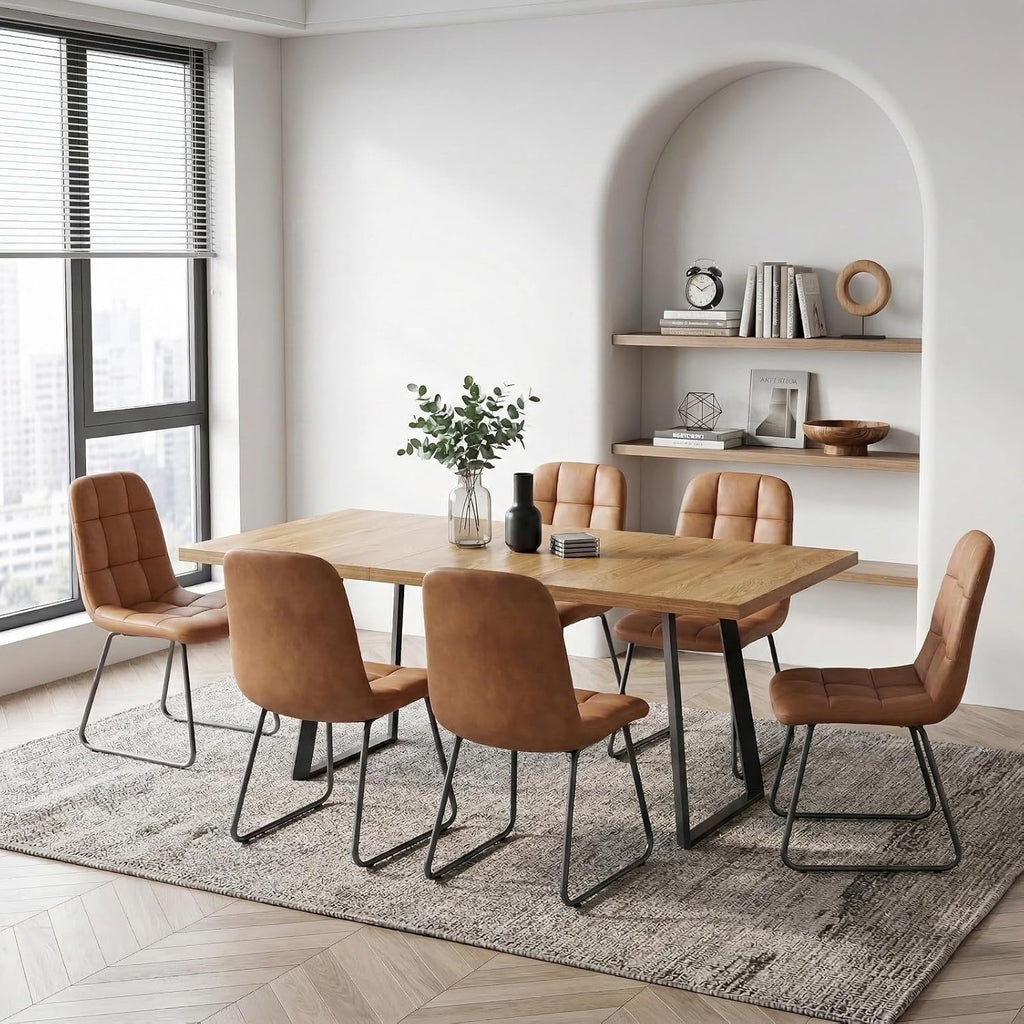 ZckyCine Butterfly Leaf Extendable Dining Table Set 47"-63", Rustic Wood Table with 6 PU Leather Chairs, Modern Scandinavian Dining Room Furniture for Kitchen Apartment