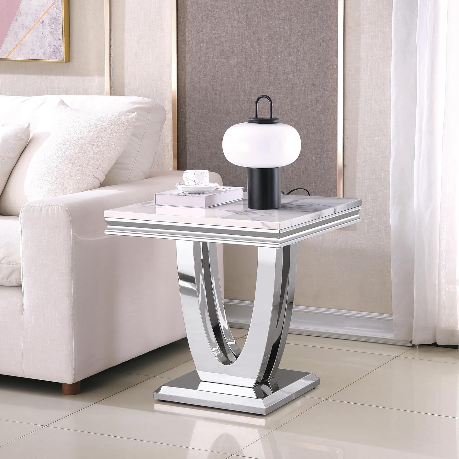 Henf 23in Square End Table Faux Marble End Table w/U Shape Steel Base,Luxury Sofa Side Table Tea Table for Living Room Office, Nightstand Bedside Table for Bedroom, White and Silver End Side Table