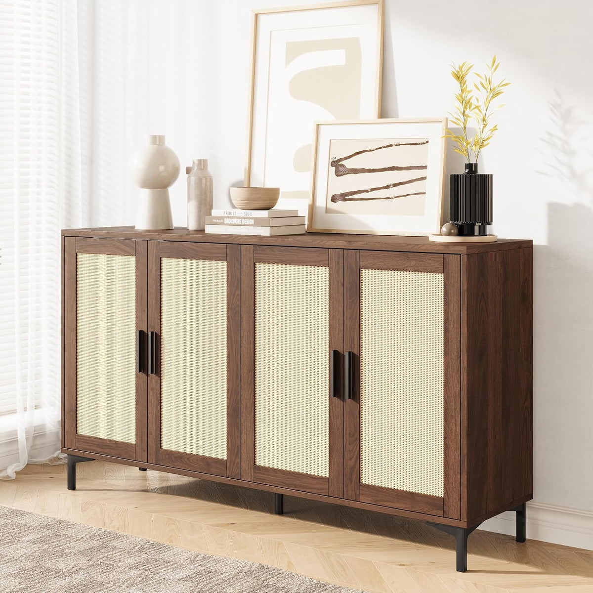 JASIWAY Buffet Cabinet with Storage, 48" Rattan Sideboard with Adjustable Shelves, Modern Coffee Bar Cabinet Console Table with Doors, Credenza for Kitchen, Living Room, Entryway, Dining Room, Walnut