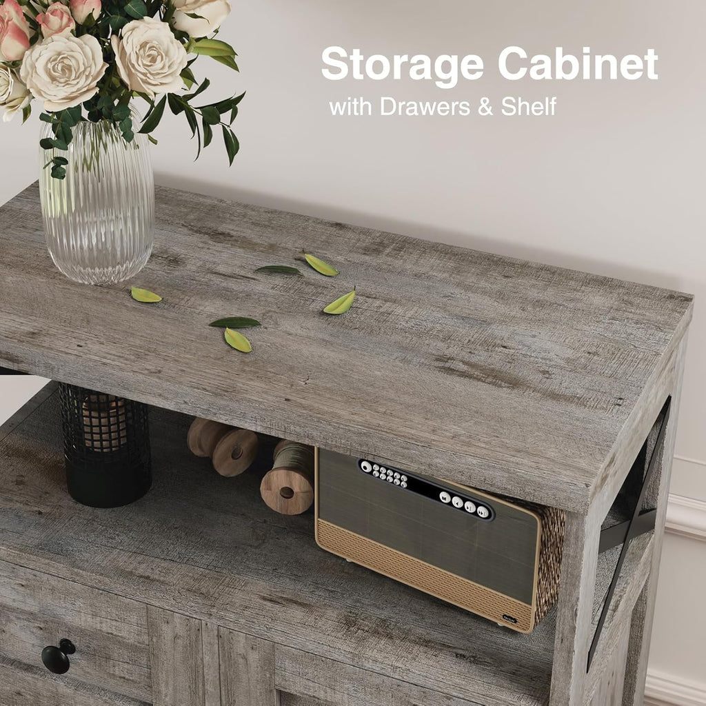 FiveWillowise Small Farmhouse Storage Cabinet with Barn Doors, Farmhouse Kitchen Pantry Cabinet, Tall Coffee Bar with Storage, Hutch Cupboard for Kitchen, Laundry, Living Room, Washed Grey