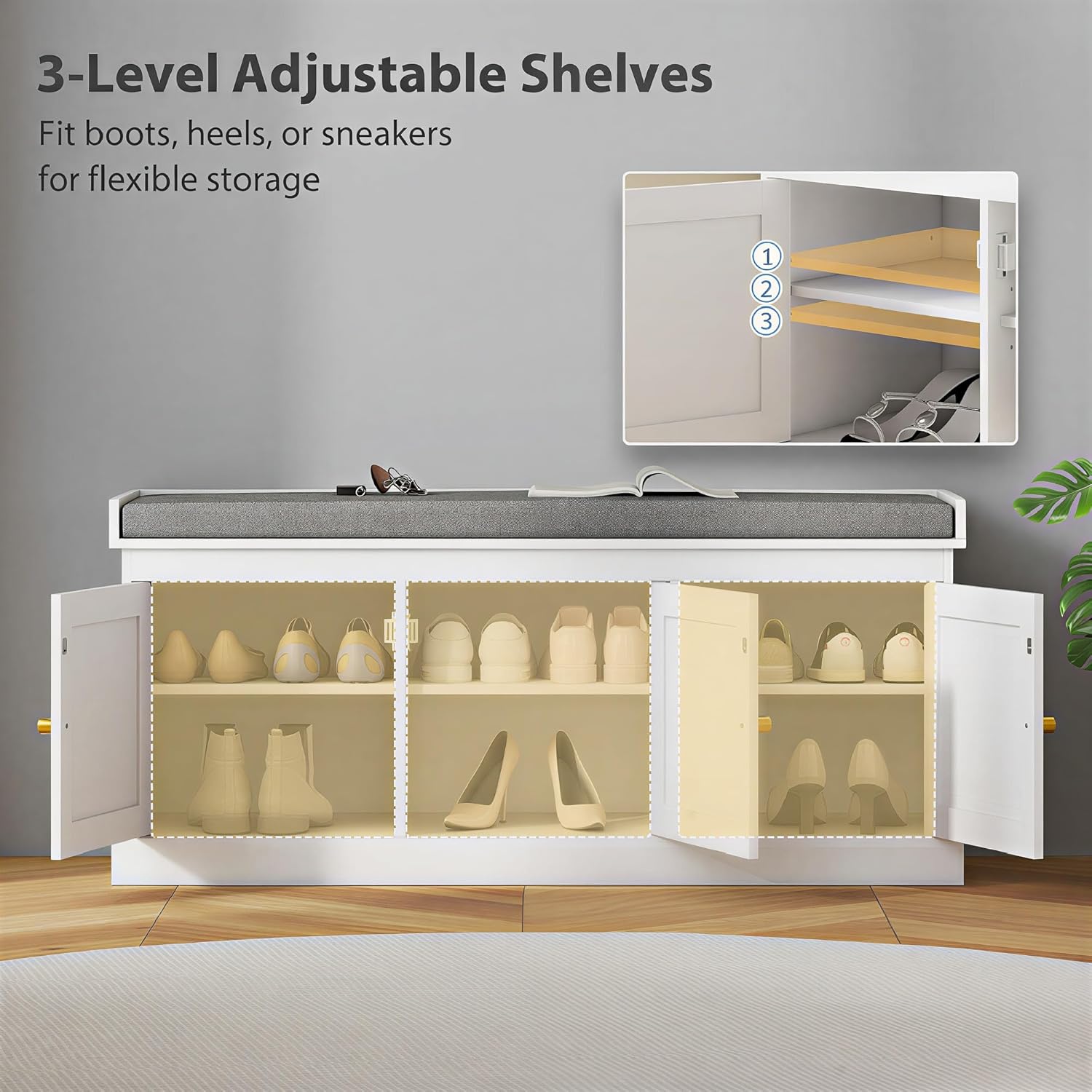 HOMCOM Shoe Bench with Woven Rattan Doors, Shoe Storage Bench with Cushion, Adjustable Shelves for 9 Pairs, Boho Style Entryway Bench for Bedroom, Living Room, 13.8 x 41.3 x 18.5 Inches, White