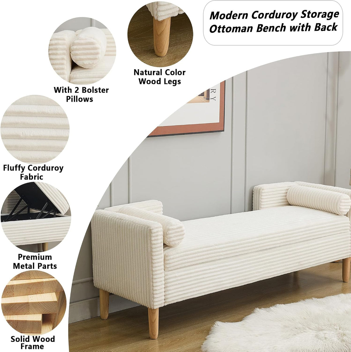 Corduroy Bed End Ottoman Bench with Storage,Upholstered Storage Benches with Back and Arms,65.35" Long Armed Storage Bench for Living Room,Bedroom,Entryway,Window (Ivory White, 65.35“)