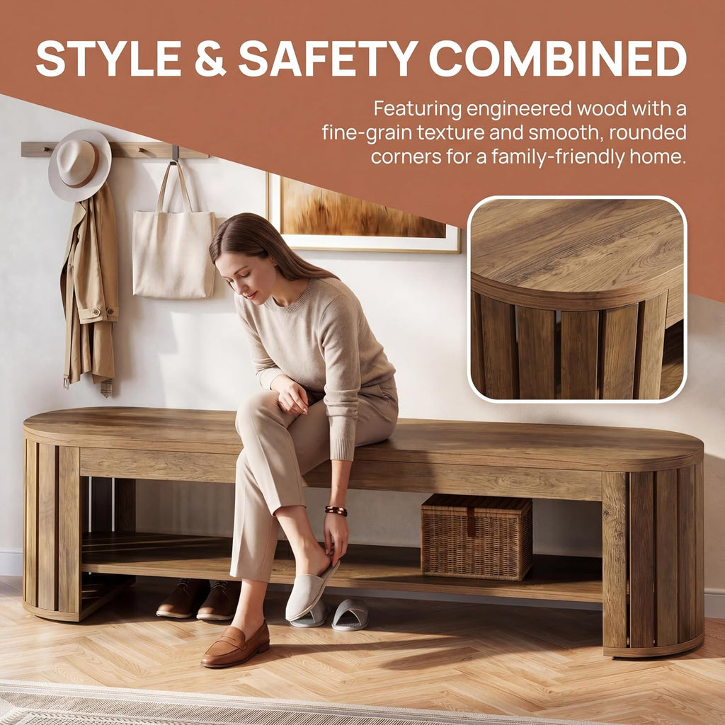 Tribesigns 63'' Shoe Storage Bench,Wooden Narrow 2-Tier Entryway Bench with Secure Rounded Edges,End of Bed Bench with Adjust Foot Pads for Entrance,Bedroom,Living Room