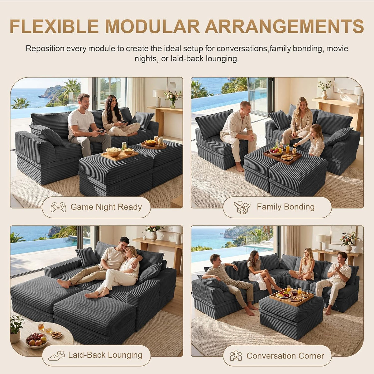 142" Upgraded Couch with Storage, Modular Sectional Couches for Living Room, Oversized Deep Seat 6-Seat U Shaped Cloud Sofa with Ottoman & Pillows,Corduroy,No Assembly (Gray)