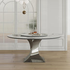 59" Round Sintered Stone Dining Table, Faux Marble Kitchen Table with Lazy Susan & Gray Stainless Steel Hourglass Base - Modern Luxury Dinner Table for 4-8 People, Scratch & Heat Resistant Surface