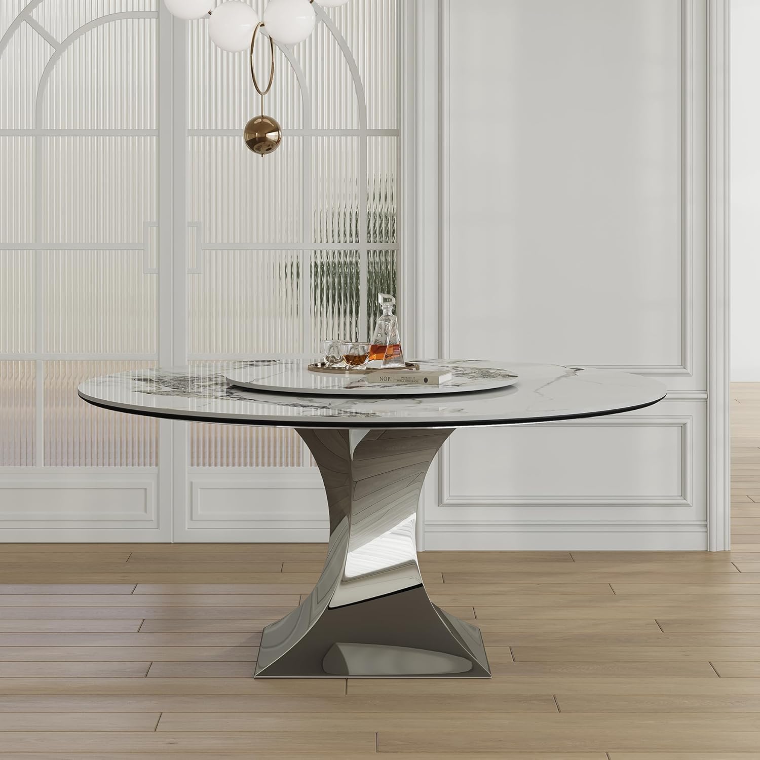 59" Round Sintered Stone Dining Table, Faux Marble Kitchen Table with Lazy Susan & Gray Stainless Steel Hourglass Base - Modern Luxury Dinner Table for 4-8 People, Scratch & Heat Resistant Surface